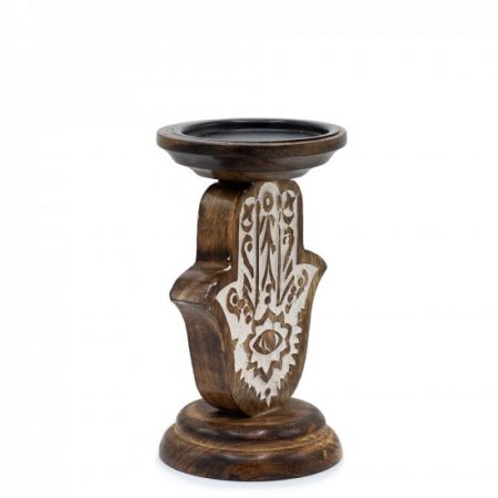 (image for) Mango Wood Candle Stand - Hamsa - Small