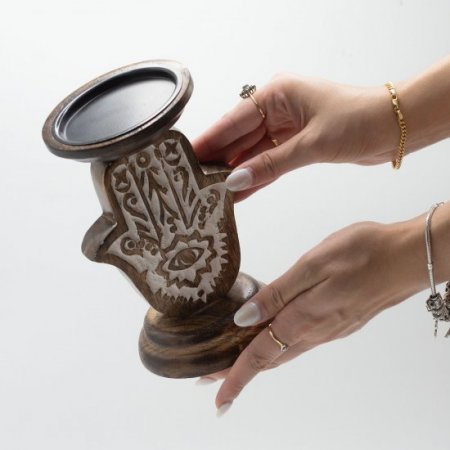 (image for) Mango Wood Candle Stand - Hamsa - Small