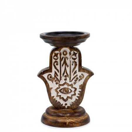 (image for) Mango Wood Candle Stand - Hamsa - Small