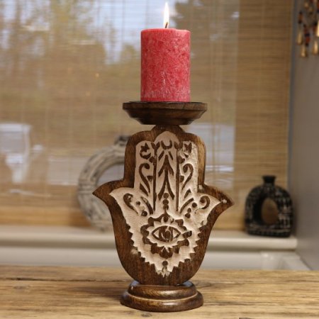 (image for) Mango Wood Candle Stand - Hamsa - Large