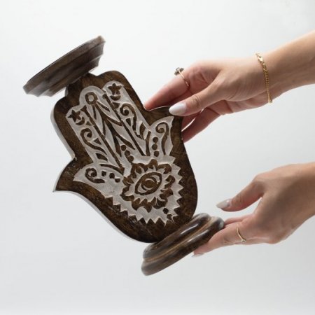 (image for) Mango Wood Candle Stand - Hamsa - Large