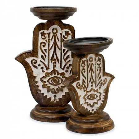 (image for) Mango Wood Candle Stand - Hamsa - Large