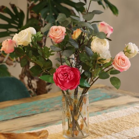 (image for) Natural Floral Glass - Tall Vase Candle Holder - Rose - (19x11cm)