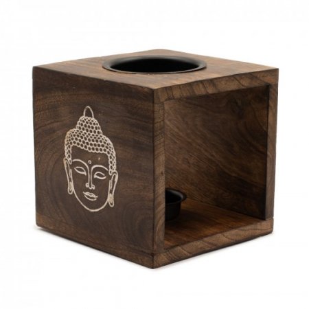 (image for) Large Square Mango Wood Oil Burner- Buddha Face