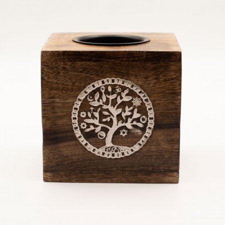 (image for) Large Square Mango Wood Oil Burner - Tree of Life