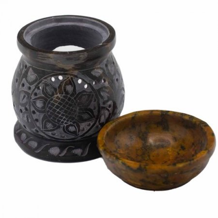 (image for) Soapstone Oil Burner 10cm - Mandala Flower - Black & Yellow