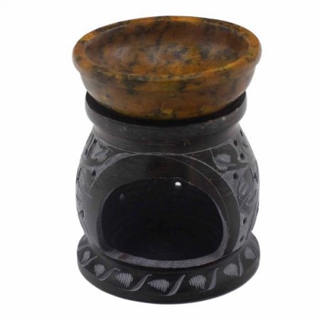 (image for) Soapstone Oil Burner 10cm - Mandala Flower - Black & Yellow