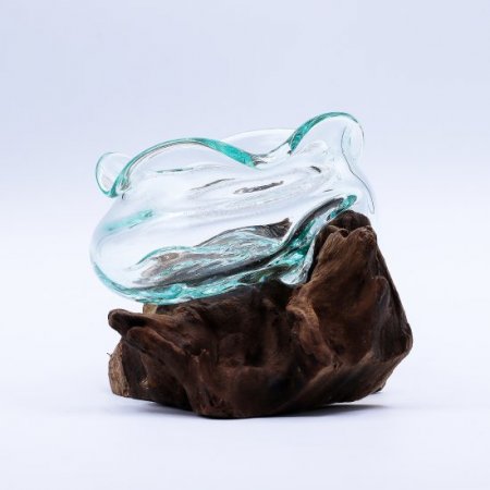 (image for) Molten Glass Wavy Bowl on Wood 18cm