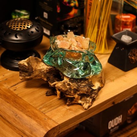 (image for) Molten Glass Chunky Ashtray / Candle Holder on Wood 23cm
