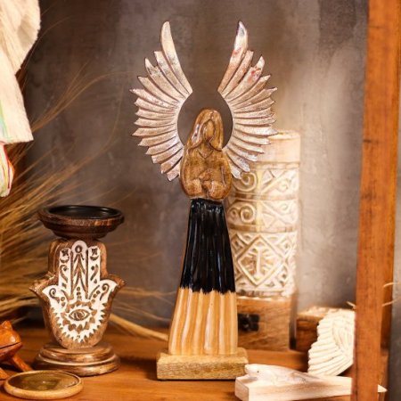 (image for) Large Mango Wood Gardian Angel Metal Wings & Enamel Detail