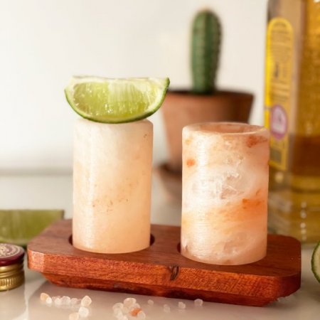 (image for) Set of 2 Himalayan Salt Shot Glasses & Wood Serving Stand