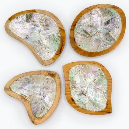 (image for) Set of 4 Teak Mini Bowls with Shell Decor (assorted)