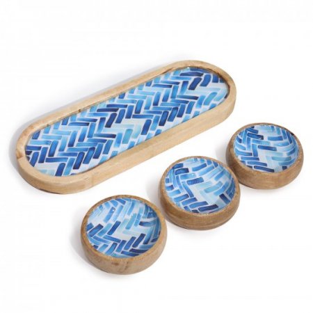 (image for) Mango Wood Tray with 3 Bowls - Blue Stripes