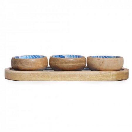 (image for) Mango Wood Tray with 3 Bowls - Blue Stripes