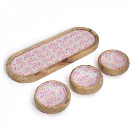(image for) Mango Wood Tray with 3 Bowls - Pretty Floral