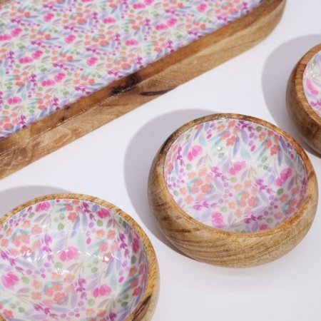 (image for) Mango Wood Tray with 3 Bowls - Pretty Floral
