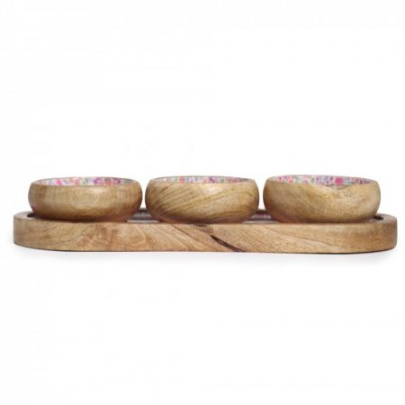 (image for) Mango Wood Tray with 3 Bowls - Pretty Floral