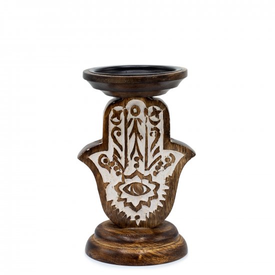 (image for) Mango Wood Candle Stand - Hamsa - Small