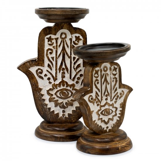 (image for) Mango Wood Candle Stand - Hamsa - Large