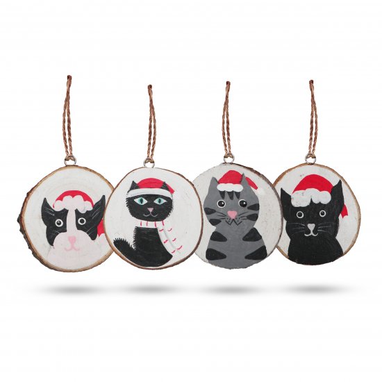 (image for) Christmas Cats - Hand Painted Log Xmas Decor (set 4)