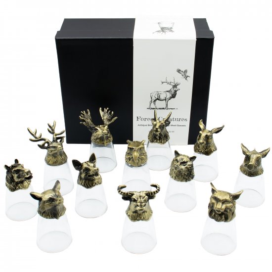 (image for) Gift Set of 12 Bottom Up Shot Glasses (25ml) - Forest & Mystical Creatures - Antique Bronze