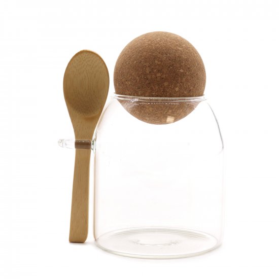 (image for) Cottage Cork-Ball Glass Jar - Clear & Spoon - 10cm