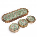 (image for) Mango Wood Tray with 3 Bowls - Mediterranean Tile pattern