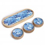 (image for) Mango Wood Tray with 3 Bowls - Blue Stripes
