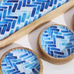 (image for) Mango Wood Tray with 3 Bowls - Blue Stripes