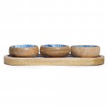 (image for) Mango Wood Tray with 3 Bowls - Blue Stripes