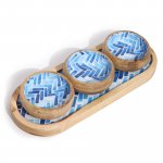 (image for) Mango Wood Tray with 3 Bowls - Blue Stripes