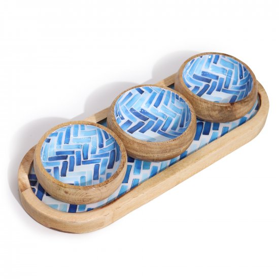 (image for) Mango Wood Tray with 3 Bowls - Blue Stripes